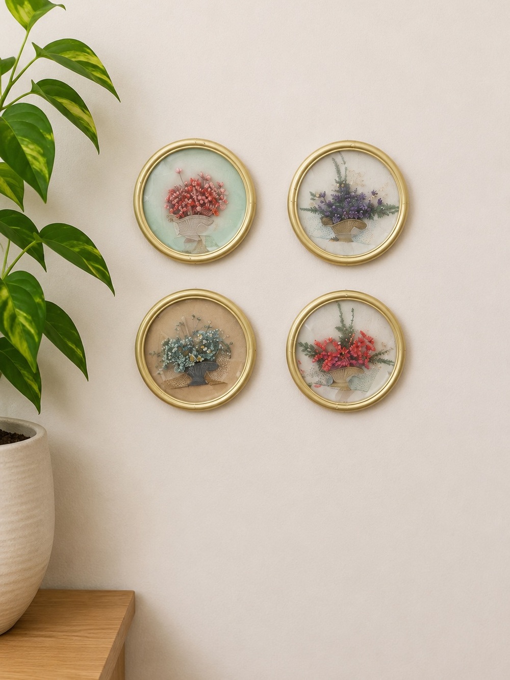 Vintage Lucite Floral Wall Art Set of 4 Straw Flower Bubble Frames 40s Colorful